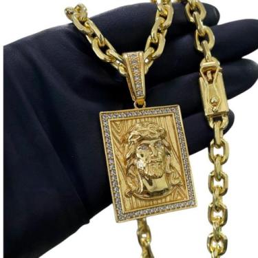 Imagem de Cordão 8mm Cadeado + Pingente Jesus Face - Banhado a ouro - ToJoia18k