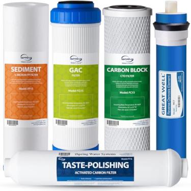 Imagem de iSpring Conjunto de filtro de água de substituição de osmose reversa de 5 estágios F5-75 com cartucho de membrana de 1 litros, 5 unidades (pacote com 1)