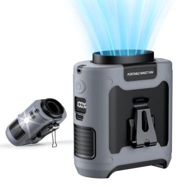 Imagem de PlanCiTi Ventilador portátil com clipe de cintura, 10.0000 mAh, bateria recarregável, cinto vestível, 16.000 RPM, camisa potente de 5 velocidades com lanterna no pescoço, mãos livres, resfriamento 40H