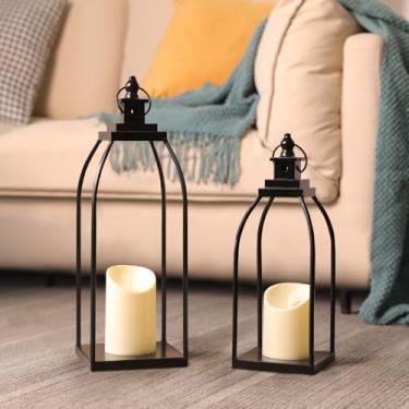 Imagem de DARJEN Lanterna de fazenda moderna para decoração externa e interna - 43 cm, 35 cm, lanternas de metal preto para Natal, lanternas decorativas com 2 velas sem chama para varanda, pátio, casa