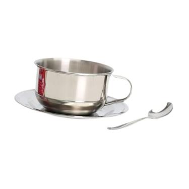 Imagem de IEUDNS Caneca de café de aço inoxidável com pires e alça de colher, conjunto de xícaras de café inquebráveis ​​de 200 ml, copo para casa, 3 Pecas