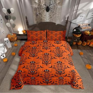 Imagem de Conjunto de edredom Happy Halloween, desenho animado abóbora preto morcego silhueta conjuntos de cama para crianças adolescentes adultos, hippie laranja grafite arte decoração edredom acolchoado com 2