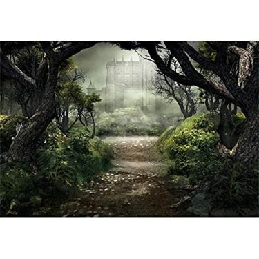 Imagem de DORCEV 1,8 x 1,2 m gótico festa de Halloween pano de fundo terror velho castelo abandonado noite assustadora floresta neblina sombria fundo fotografia fundo Halloween véspera eventos fundo arte