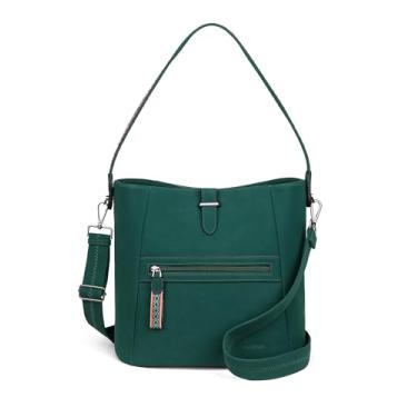 Imagem de FADEON Bolsa balde para mulheres bolsas e bolsas de mão designer bolsas Hobo para mulheres bolsa tiracolo de couro PU bolsa de ombro moderna, Estilo nobuck verde escuro