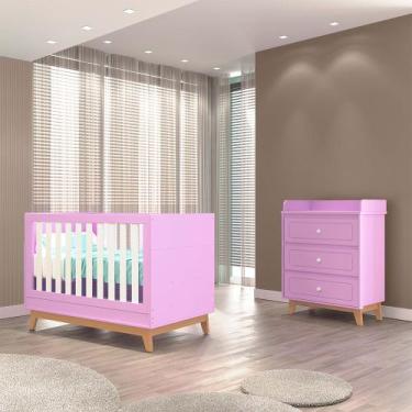 Imagem de Quarto Infantil Duplo 100% em MDF com Berço 2 em 1 Tuboarte Cômoda Nat