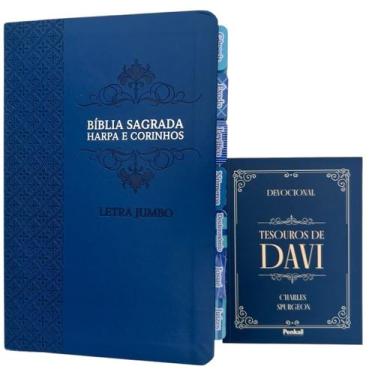 Imagem de Kit Bíblia Letra Jumbo Azul com abas adesivas coladas + devocional tes