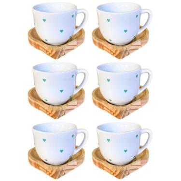 Imagem de Kit 6 Xícaras Paris 170ml Poá Coração Verde Com Pires De Madeira Coraç