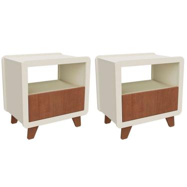 Imagem de Conjunto 2 Mesas de Cabeceira 55cm com Gaveta e Nicho 100% Mdf Padrão Planejados Mabel Off White / Castanho