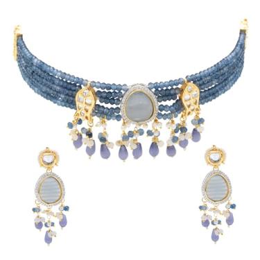 Imagem de Bodha Kundan multicolorido banhado a ouro, colar gargantilha com contas de pérola CZ com brincos maching, conjunto de joias para mulheres (SJN_301_P), 16, Latão, Sem Pedra Preciosa