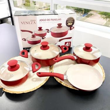 Imagem de Conjunto de Panelas Cerâmica Antiaderente Jogo 4 Peças Reforçada Tampa de Vidro (Vermelha)