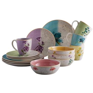 Imagem de Corona Conjuntos de louça de cerâmica com design floral multicolorido de 16 peças | Pratos e canecas | Serviço para 4 | Armonia