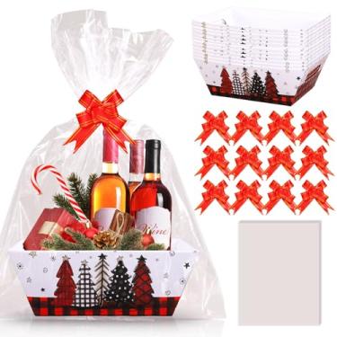Imagem de Whaline Pacote com 12 cestas de árvore de Natal vazias para presente a granel vermelho preto búfalo xadrez árvore de Natal cestas de papelão com sacos plásticos transparentes laços para dar de