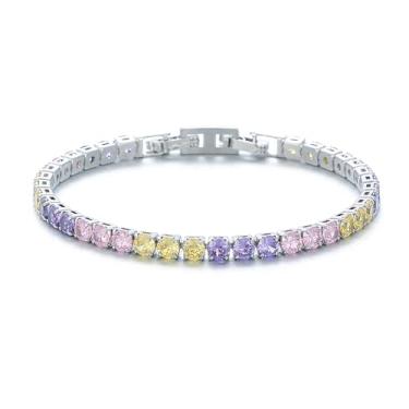 Imagem de XIqision Pulseira de tênis feminina banhada a ouro 14K 18K com zircônia cúbica colorida clássica com trava dupla, One Size, Zircônia cúbica, Sem Pedra Preciosa