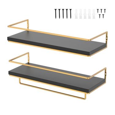 Imagem de ZFLYCANP Prateleiras flutuantes de ferro de madeira preta, prateleiras penduradas na parede com toalheiro dourado, rack de armazenamento flutuante de fácil acesso para banheiro, cozinha, sala de estar