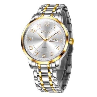 Imagem de Taxau Relógio masculino G8405G clássico prata aço inoxidável, Pulseira dourada prateada com rosto branco - G8405, round, Minimalista