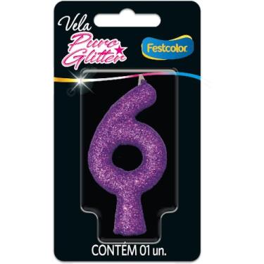 Imagem de Vela Puro Glitter Roxa N 6 - Embalagem com 1 unidade.