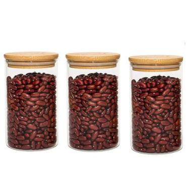 Imagem de Kit 3 Pote com Tampa Bambu 610ml Vidro Hermético Para Alimentos Condim
