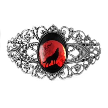 Imagem de Pulseira de filigrana de lobo - Uivando para a lua, acessório artesanal de Halloween com animais espirituais, prata bronze antigo ou preto, joia de vidro artesanal estilo vitoriano vintage - 647-CB