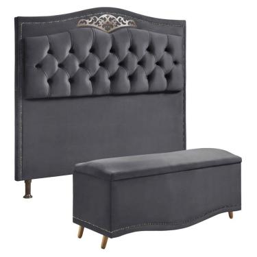 Imagem de Conjunto Cabeceira E Calçadeira Holanda 1,95 Cm Veludo Speciale Home Cinza Chumbo