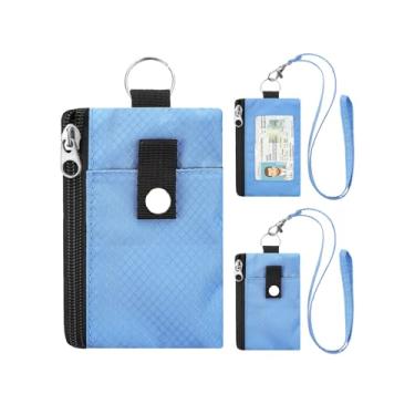 Imagem de Carteira minimalista com bloqueio de RFID com cordão, capa funcional para identidade com 2 bolsos com zíper e chaveiro para homens e mulheres, porta-cartões com crachá tático, porta-moedas para