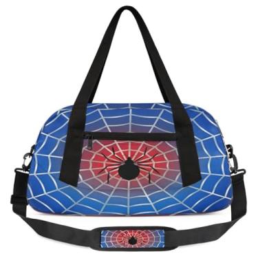 Imagem de Bolsa de viagem de academia para meninos – Bolsa infantil de fim de semana com bolso frontal com zíper para prática escolar, bolsas de mão para adolescentes, Teia de aranha azul, Desenho animado