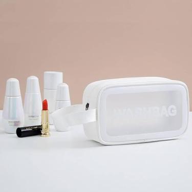 Imagem de Necessaire Feminina, Masculina, Transparente e Couro Sintético, Bolsa Organizadora Impermeável para Cosméticos e Viagem, 22 x 8 x 12 cm, Tamanho M (Branco)