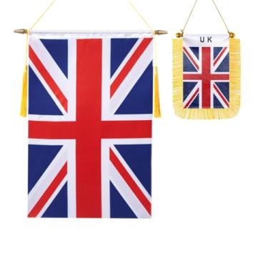 Imagem de Pacote com 2 bandeiras de parede do Reino Unido, mini bandeira pendurada na janela do carro do Reino Unido, acabamento acetinado, tecido resistente, bandeiras patrióticas para decoração de espelho