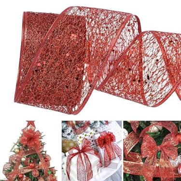 Imagem de Rolo de fita de malha brilhante com glitter de 3 metros de comprimento para laços DIY fita de árvore de Natal 5 cm de largura para decoração de casa embrulho de presente - 1 rolo (vermelho)