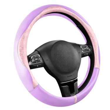 Imagem de PIC AUTO Capa de volante, estampa rosa e design de retalhos de couro roxo claro, ajuste universal de 36,8 a 39,4 cm, antiderrapante, couro sintético macio, acessório de carro durável para meninas e