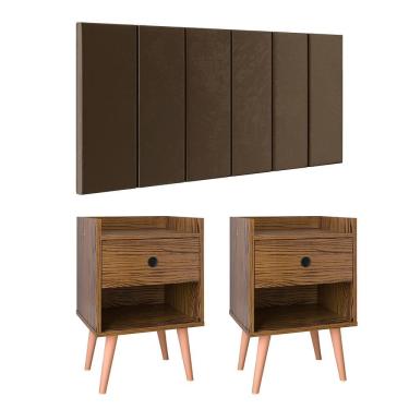 Imagem de Kit 2 Mesinhas Decore Freijó Nicho Porta Objetos Pés Palito Cabeceira Suspensa Júlia Cama Box Casal 1,40 Marrom Suede - Lojas RPM 