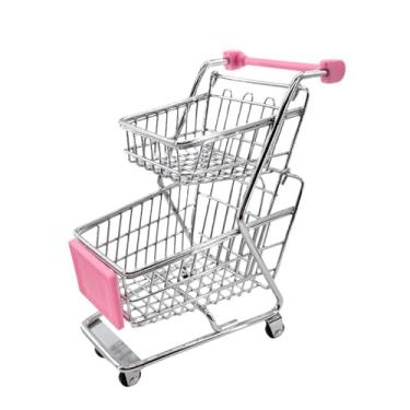 Imagem de Carrinho de compras em miniatura, mini camada dupla de metal, supermercado, supermercado, carrinho utilitário de compras para decoração de mesa de casa
