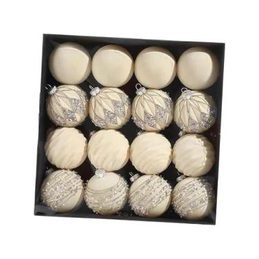 Imagem de Esquirla Conjunto de 16 enfeites de Natal em formato de bola flocada, leves e decorativos, com 6 cm de diâmetro, ideais para pendurar em casa durante as festas, Bege