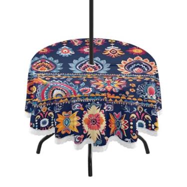 Imagem de CEBUGI Toalha de mesa redonda para uso ao ar livre, boêmia, floral, impermeável, com furo Umberlla, capa de mesa lavável para pátio, cozinha, sala de jantar, 152 cm