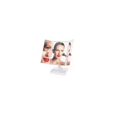 Imagem de Espelho de Maquiagem Triplo Dobrável com Iluminação LED, Branco, Ampliação 2x e 3x, Rotação 180°, USB, 31,5x13,5x18,5cm