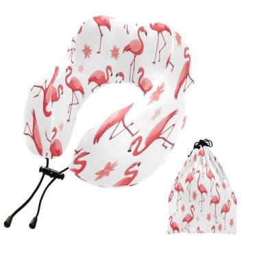 Imagem de CEBUGI Travesseiros de viagem portáteis em forma de U, travesseiro de pescoço de espuma viscoelástica com trava de corda ajustável para avião, viagem, trem, negócios, escritório, soneca (flamingos)