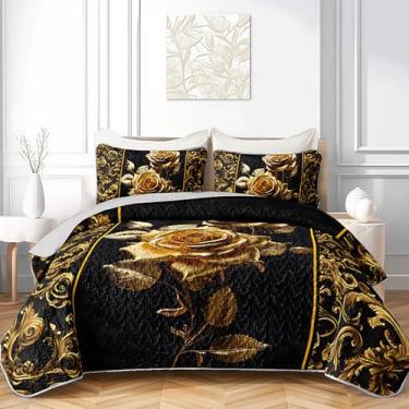 Imagem de AILONEN Conjunto de colcha com estampa de rosa dourada e 2 fronhas, colcha acolchoada luxuosa com flores pretas e douradas, macio, leve, romântico, conjunto de cama com 3 peças