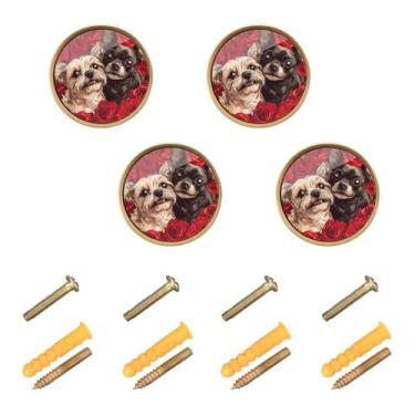 Imagem de Burbuja Puxadores de armário de cozinha Dogs Roses, pacote com 4, puxadores redondos de 3,5 cm, puxadores de cômoda com parafusos para cozinha, quarto, armários, armário