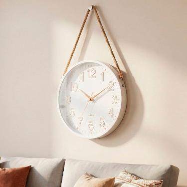 Imagem de Relógio Parede Redondo Decoração Branco Gold Alça Corda 25cm
