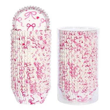 Imagem de SKIDEC Forros de cupcake padrão de laço rosa, 400 unidades, copos de papel para assar, embalagens descartáveis para festa de casamento, aniversário, chá de bebê, dia dos namorados, suprimentos de