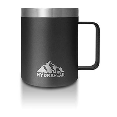 Imagem de Hydrapeak Caneca de viagem isolada de 400 ml com tampa à prova de respingos, aço inoxidável, caneca de café de parede dupla sem BPA com alça, caneca de acampamento para homens e mulheres (preto)