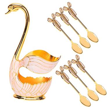 Imagem de Cryfokt Conjunto de Talheres Com Suporte de Cisne, Colheres Requintadas de café, Frutas e Sobremesas para Festa Em Casa, Liga de Zinco (branco dourado + colher)