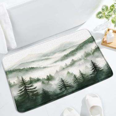 Imagem de HUSPWP Tapete de banho verde escuro floresta de pinheiros enevoados montanha cenário nebuloso árvore chique rústico abstrato moderno decoração de banheiro tapete capacho toalete, 48 x 74 cm