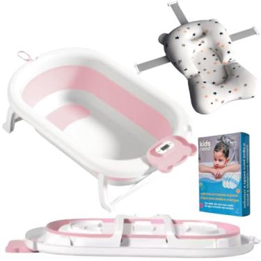 Imagem de Kids Need - Banheira Infantil Grande 50 Litros Dobrável Retrátil Com Termómetro, Porta Sabonete e Porta Chuveirinho - Individual Ou Kit Com Almofada Assento Travesseiro Flutuande De Banho Para Bebê Com Alça Ajustável. (Banheira Rosa Claro + Almofada + Adesivo)