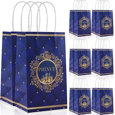 Imagem de Pacote com 16 sacos de presente para festa do príncipe – Blue Castle Prince Candy Bags com alça para aniversário, lembrancinhas de festa de chá de bebê