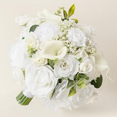 Imagem de Buquê de casamento branco artificial de 23 cm – Buquês de noiva de peônia, rosa e lírio de calla para damas de honra | Decorações de casamento, buquê de flores falsas para cerimônia/recepção