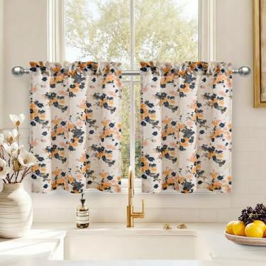 Imagem de DWCN Cortinas de linho floral para sala de estar, cortinas curtas para janela pequena, cortinas de bolso de 91 cm de comprimento para cozinha, café, porão - 76 x 91 cm, amarelo em bege, 1 par
