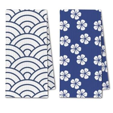 Imagem de ChissNook Toalhas de cozinha florais abstratas azuis e brancas, toalhas de prato japonesas orientais pano de secagem para cozinha, toalha de mão decorativa de flor de cerejeira de ondas japonesas para