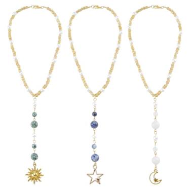 Imagem de DELORIGIN Ornamento para pendurar no carro, 3 peças, pedra preciosa natural, espelho retrovisor, pingente, lua, estrelas, berloque, acessórios para apanhador de sol, decoração para janela interna