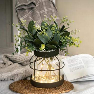 Imagem de Nacidooka Vaso de lanterna de vidro rústico moderno com luzes LED e eucalipto artificial - centro de mesa vintage primitivo para decoração de casa, casamento, arranjos florais, presente de inauguração