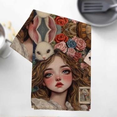 Imagem de Toalhas de cozinha de coelho e cartas de baralho, toalha de prato decorativa de microfibra absorvente de fantasia mágica, toalhas de mão de waffle para cozinha, casa de banho, para mulheres